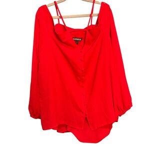 Express Red Chiffon Cold Shoulder Long Balloon Sleeve Button Front Blouse Size S